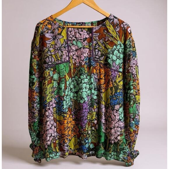 Blank London Top Womens 2X 2XL Multicolor Floral Blouse Flowy Peasant Boho Artsy - Picture 1 of 13
